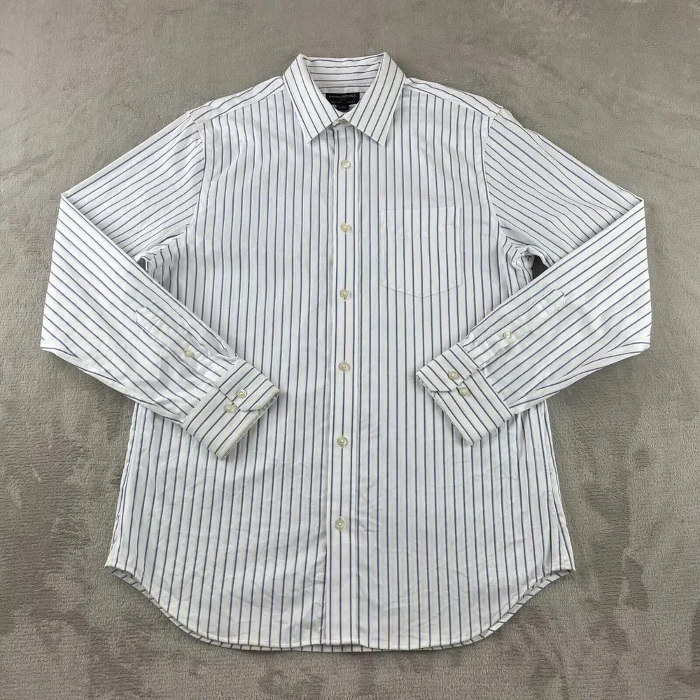 Banana Republic Shirt‎ Men Large White Striped Non Iron Slim Fit Long Sleeve